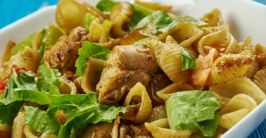 Chicken fajita meat over shell pasta